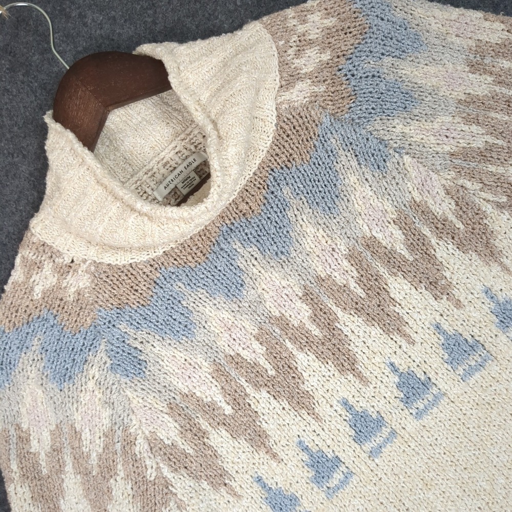 American Eagle Womens Medium Mock Neck Fair Isle Chunkyβ Knit Sweater Cream Blue